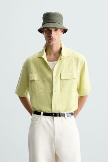 100% LINEN SHIRT WITH POCKETS - Lime by Zara