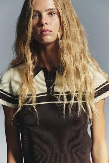 TOP POLO EN MAILLE CÔTELÉE - Marron / Écru de Zara - Image 4