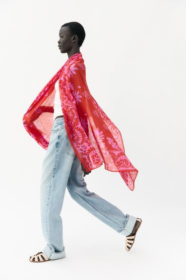 FOULARD IMPRIMÉ AVEC LIN - Rouge / Corail de Zara - Image 1