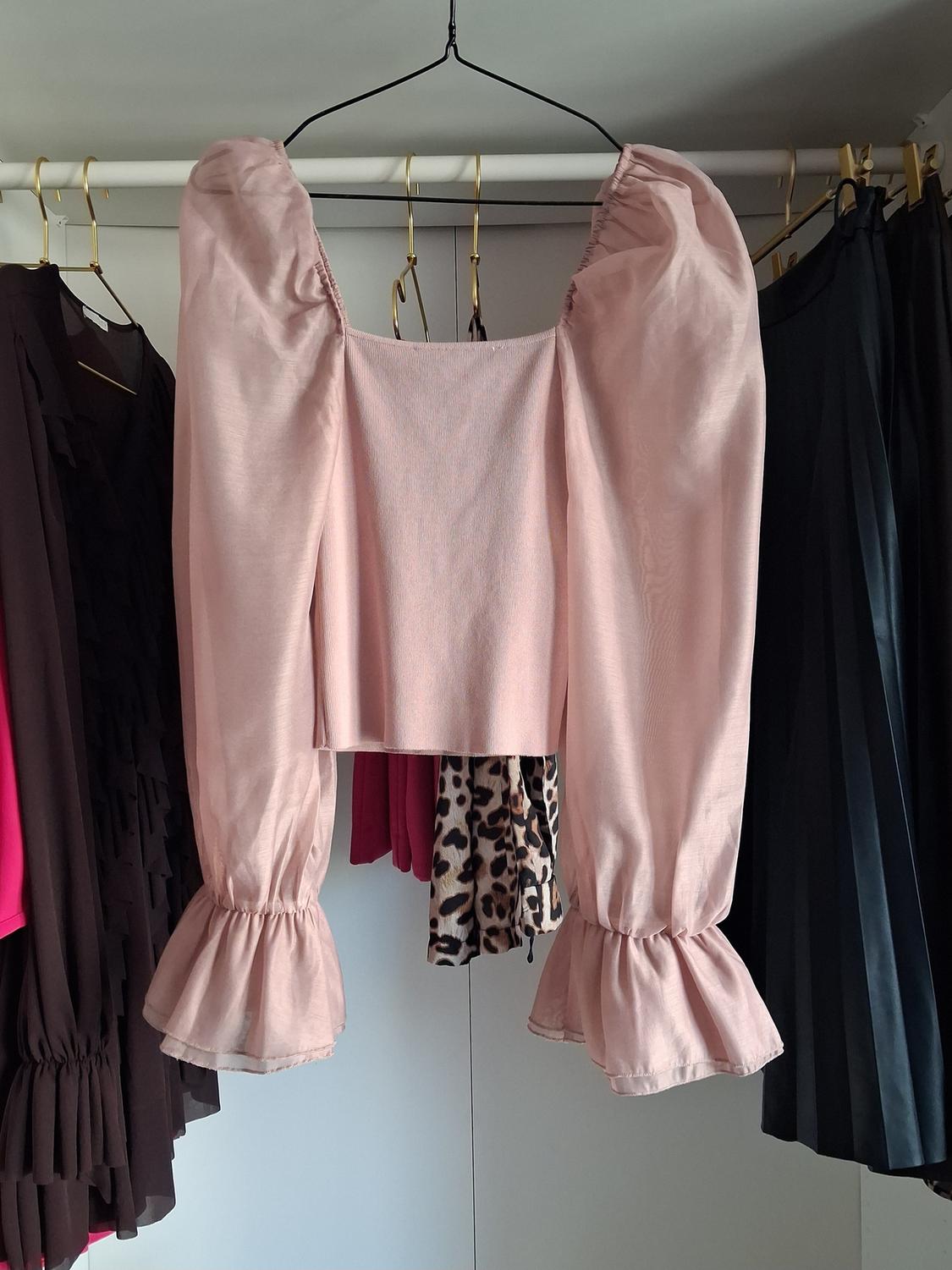 Pink long-sleeved blouse with ruffles hanging in a wardrobe next to other dark-coloured and animal print garments.