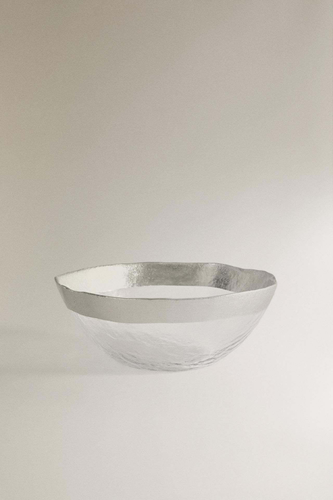 GLASS BOWL WITH RAISED TEXTURE AND SILVER RIM — Silver