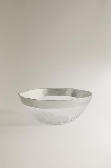 GLASS BOWL WITH RAISED TEXTURE AND SILVER RIM — Silver 1