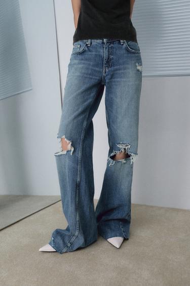 TRF MID-WAIST RIPPED FLARE JEANS - Blue by Zara
