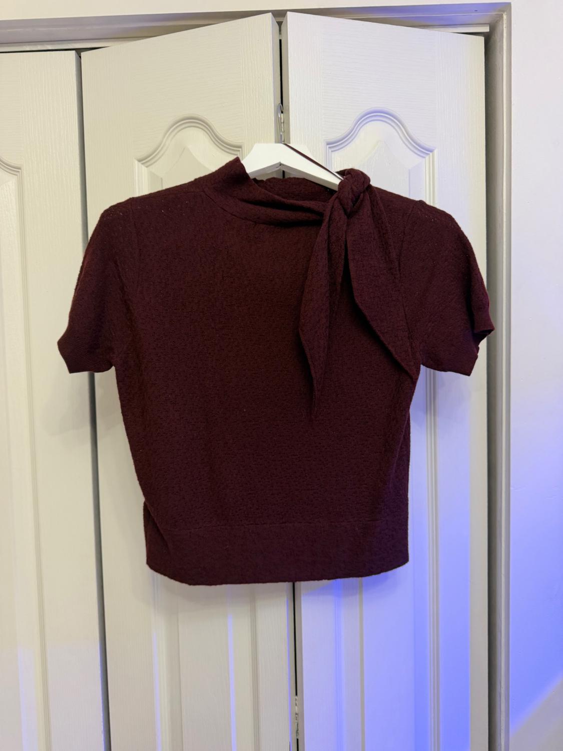 Maroon knitted short-sleeved top with a neck tie, hanging on a white hanger on a wardrobe door.