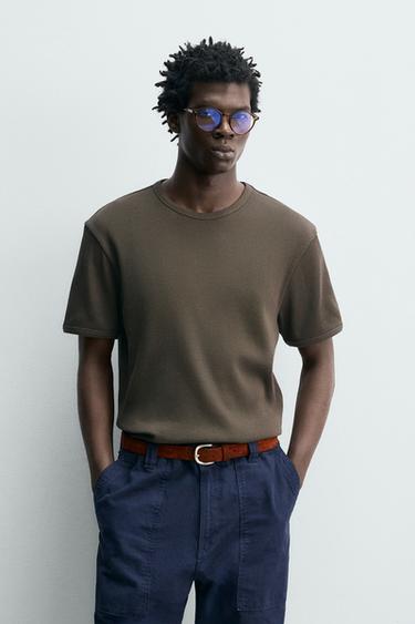 WAFFLE-KNIT TEXTURE T-SHIRT - Brown / Taupe by Zara