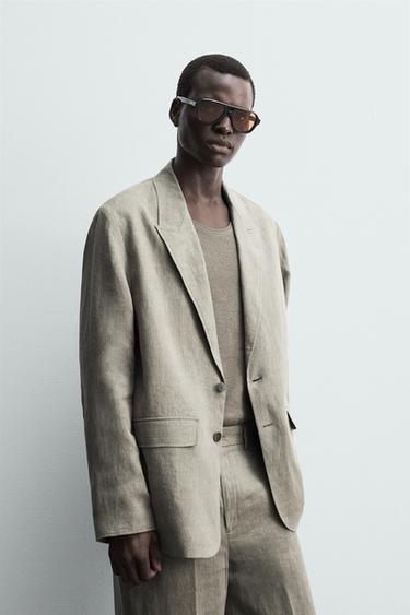 Zara WASHED 100% LINEN SUIT BLAZER - Mink