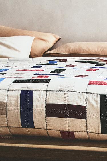 COTTON AND LINEN PATCHWORK BEDSPREAD X COLLAGERIE - Ecru by Zara