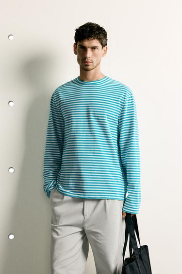 REGULAR FIT SLUB KNIT JACQUARD STRIPE T-SHIRT - striped by Zara
