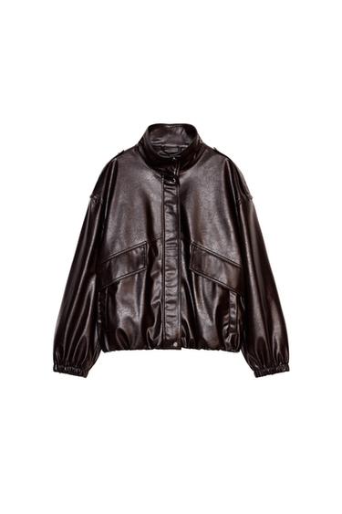 Zara FAUX LEATHER BOMBER JACKET - Dark brown
