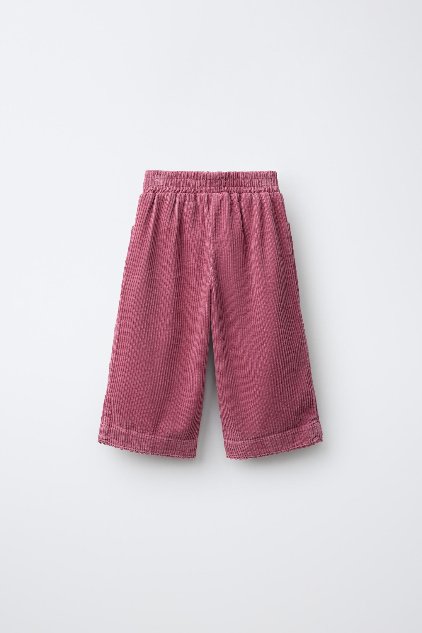 Детские брюки Zara Corduroy Wide-Leg Pants with Lace Trim, цвет: Тёмный розовый — фото 3