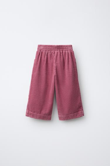 CORDUROY WIDE-LEG PANTS WITH LACE TRIM — Dark pink 2