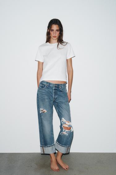 JEANS TRF مستقيم ستايل ممزّق وسرج متوسط - نيلي الخاص بـ Zara