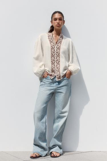 Zara EMBROIDERED SHIRT - Oyster-white - Image 0