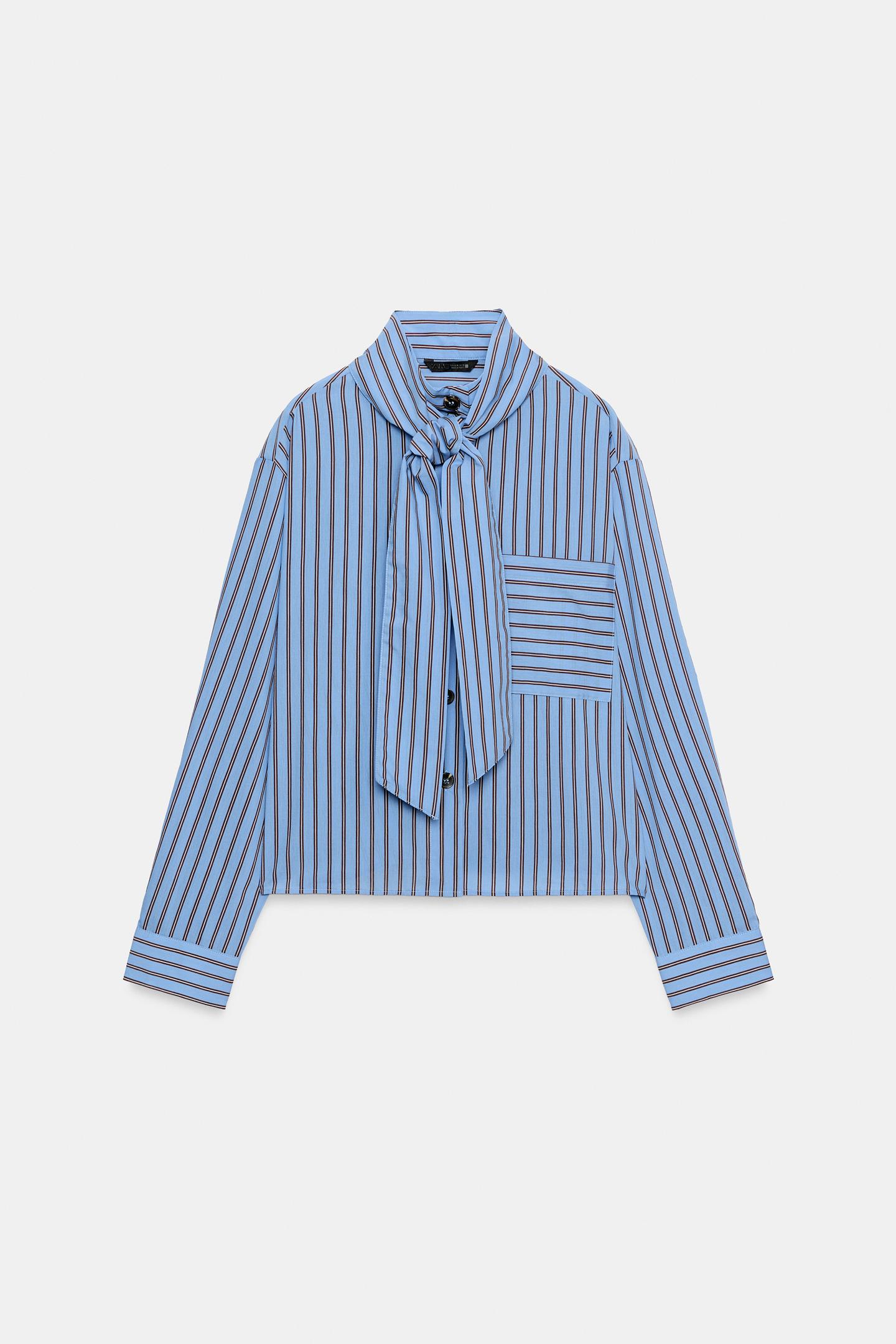 Женская рубашка Zara Striped Tie-Detail, цвет: Коричневый синий — фото 10