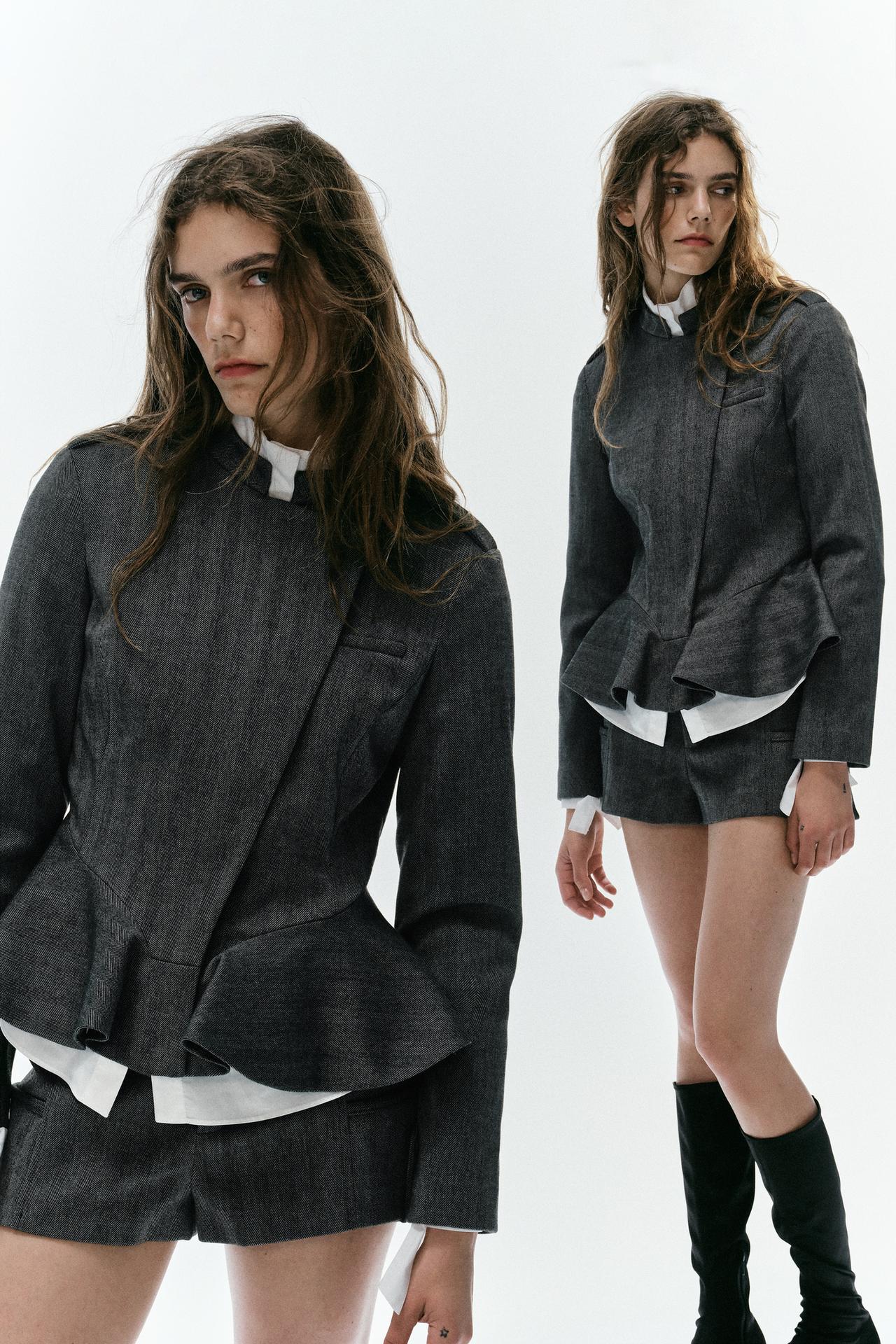 DOUBLE-BREASTED PEPLUM BLAZER — Black / Ecru