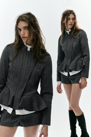 DOUBLE-BREASTED PEPLUM BLAZER — Black / Ecru 1