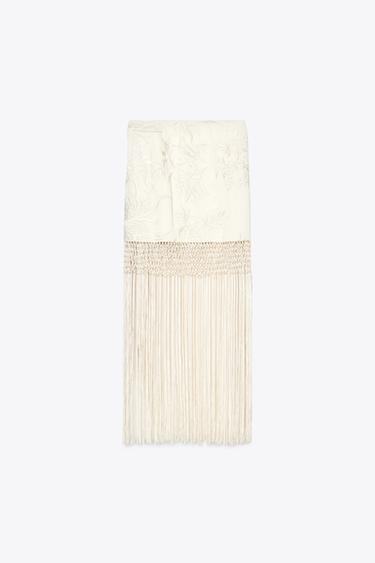 EMBROIDERED FRINGED WRAP SKIRT - Ecru by Zara - Image 5