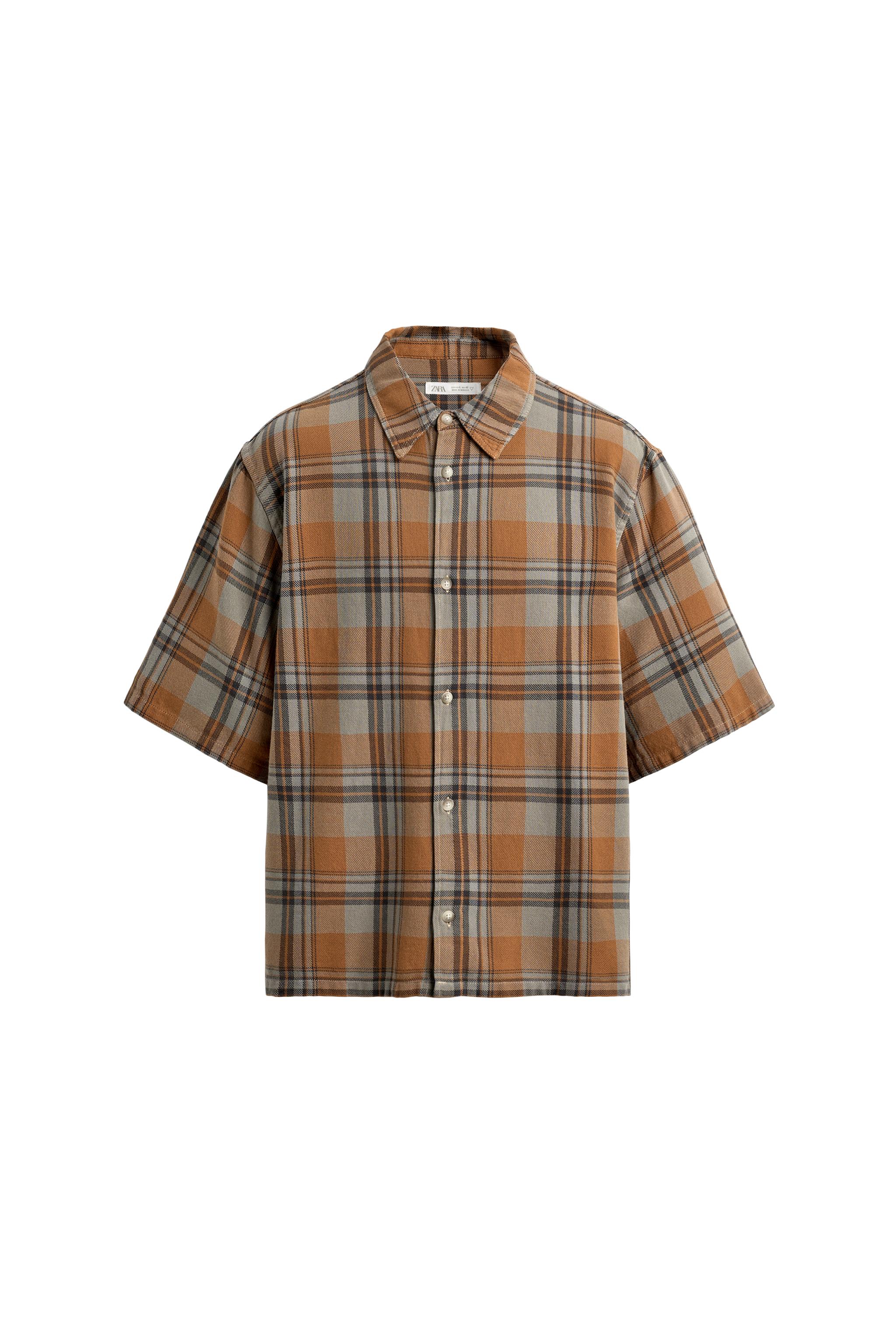 トップス oversized B D check short sleeve shirt BOXY FIT CHECK SHIRT - Beige | ZARA South Africa