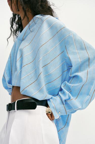 CHEMISE EN LIN À BASE BOUFFANTE - Sable / Bleu de Zara - Image 2