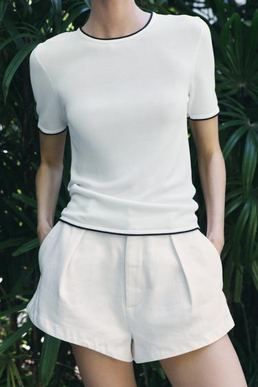 Zara TRIM KNIT TOP - White / Navy