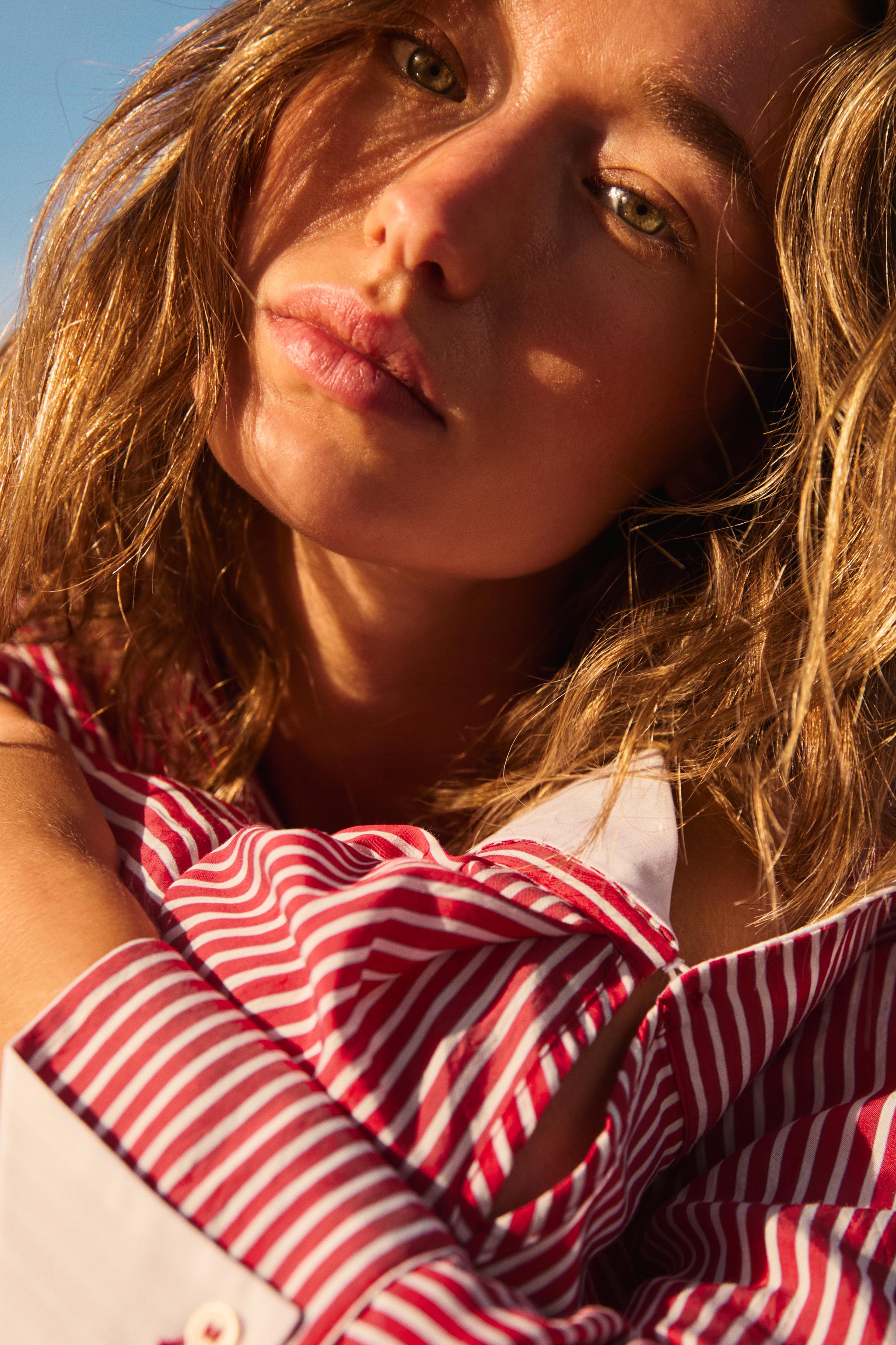 CONTRAST CUFF STRIPED SHIRT — Red / White