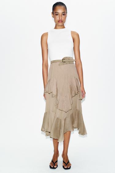 DRESS WITH BELT AND RUFFLES - CAMEL/WHITE by Zara