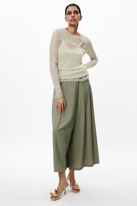 Creased-effect Culotte Trousers - Khaki 