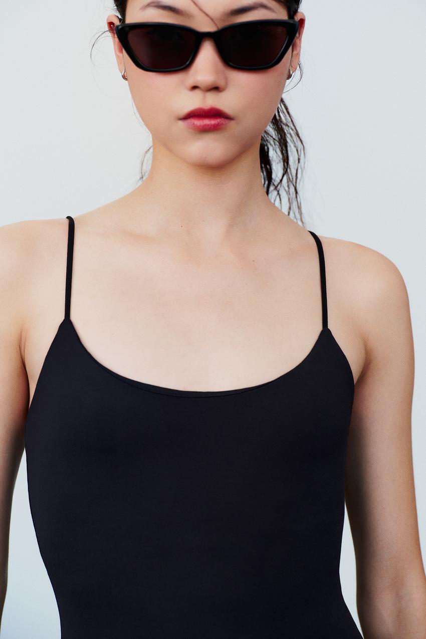 Zara Black Bodysuit Puffy Long Sleeve Square Neck Top Size Small