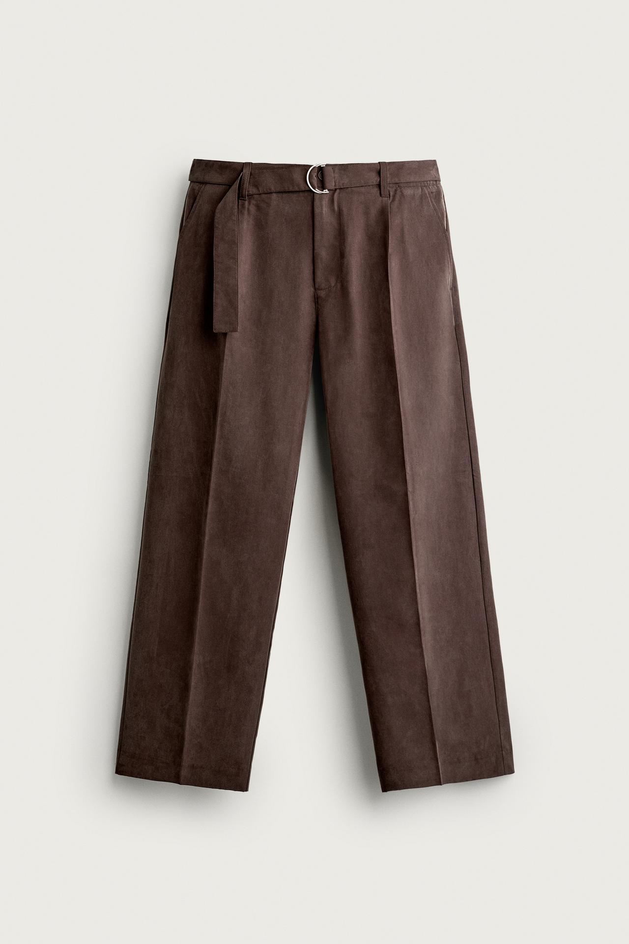 BELTED RELAXED-FIT FLOWY PANTS — Dark brown