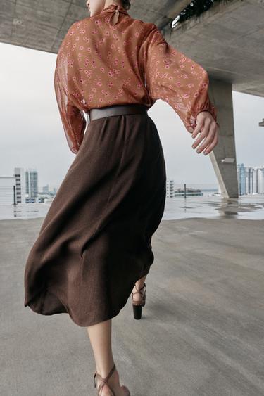 JUPE MI-LONGUE CEINTURE - Marron de Zara - Image 4