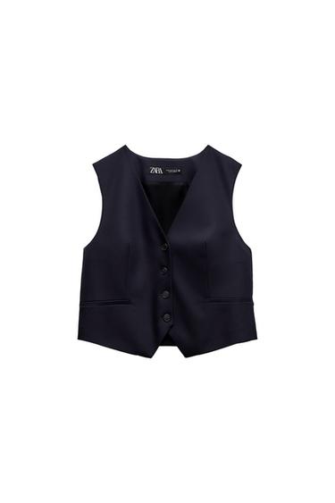 Front view of a black waistcoat with buttons and side pockets.