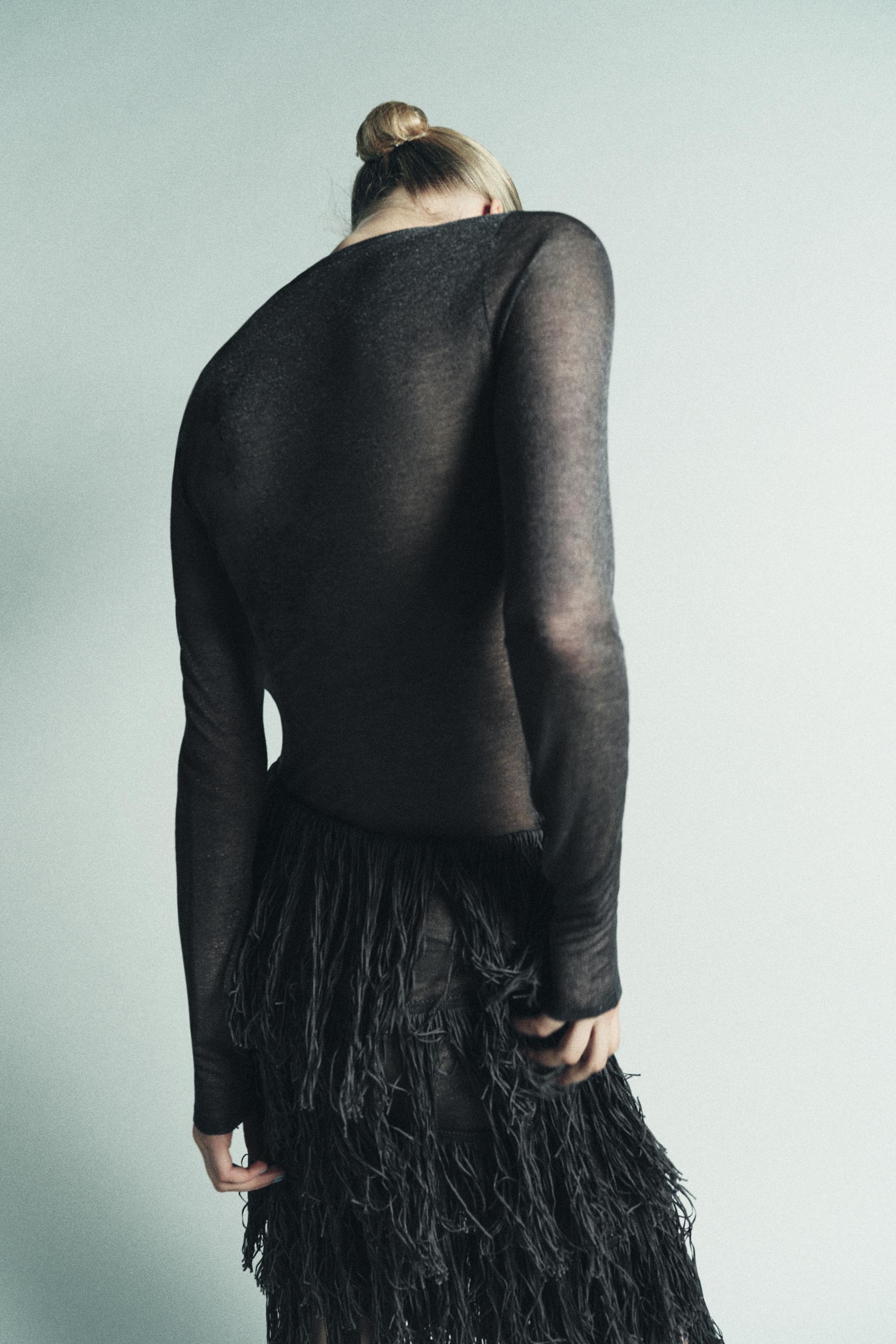 Zara - Metallic Thread Fringed Knit Dress - Blue / Gray - S - Woman