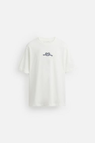 CONTRAST EMBROIDERED T-SHIRT - Oyster-white by Zara