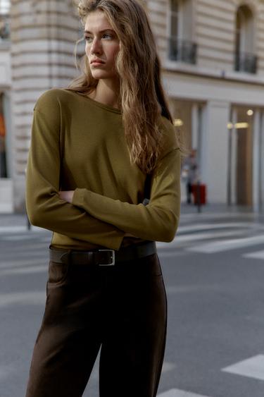 ФУТБОЛКА В РУБЧИК С ДЛИННЫМИ РУКАВАМИ — ОЛИВКОВЫЙ от Zara