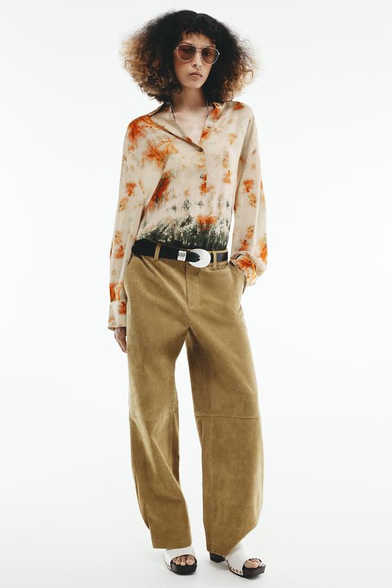 PANTALÓN PIEL PLIEGUES - Pistacho de Zara - Imagen 0