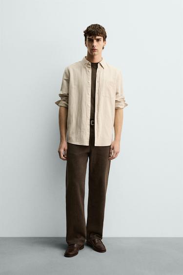 REGULAR FIT LINEN - COTTON SHIRT - Light beige by Zara