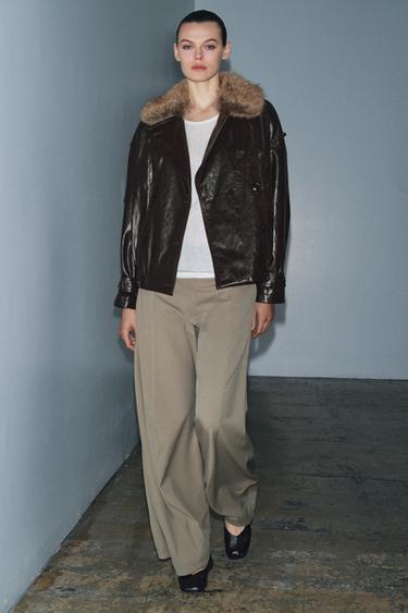 SHINY FAUX FUR COLLAR JACKET ZW COLLECTION - Brown by Zara - Image 0