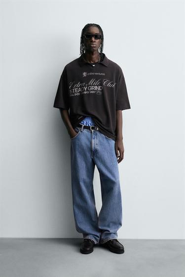 WASHED POLO SHIRT WITH SLOGAN - charcoal grey by Zara - Image 0