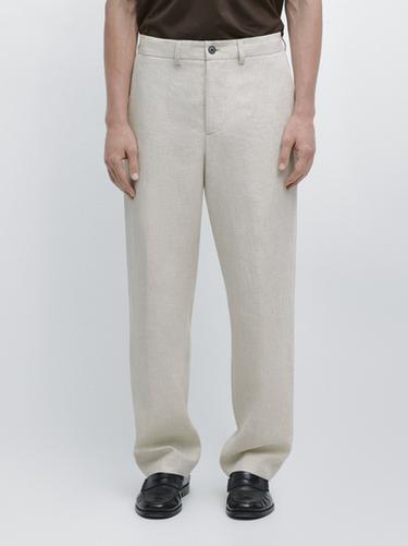 Zara Lightweight linen trousers with herringbone detail - Beige