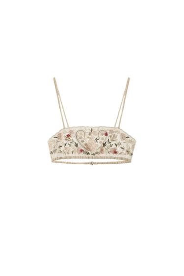 EMBROIDERED TULLE BRA WITH BEADS - Ecru by Zara