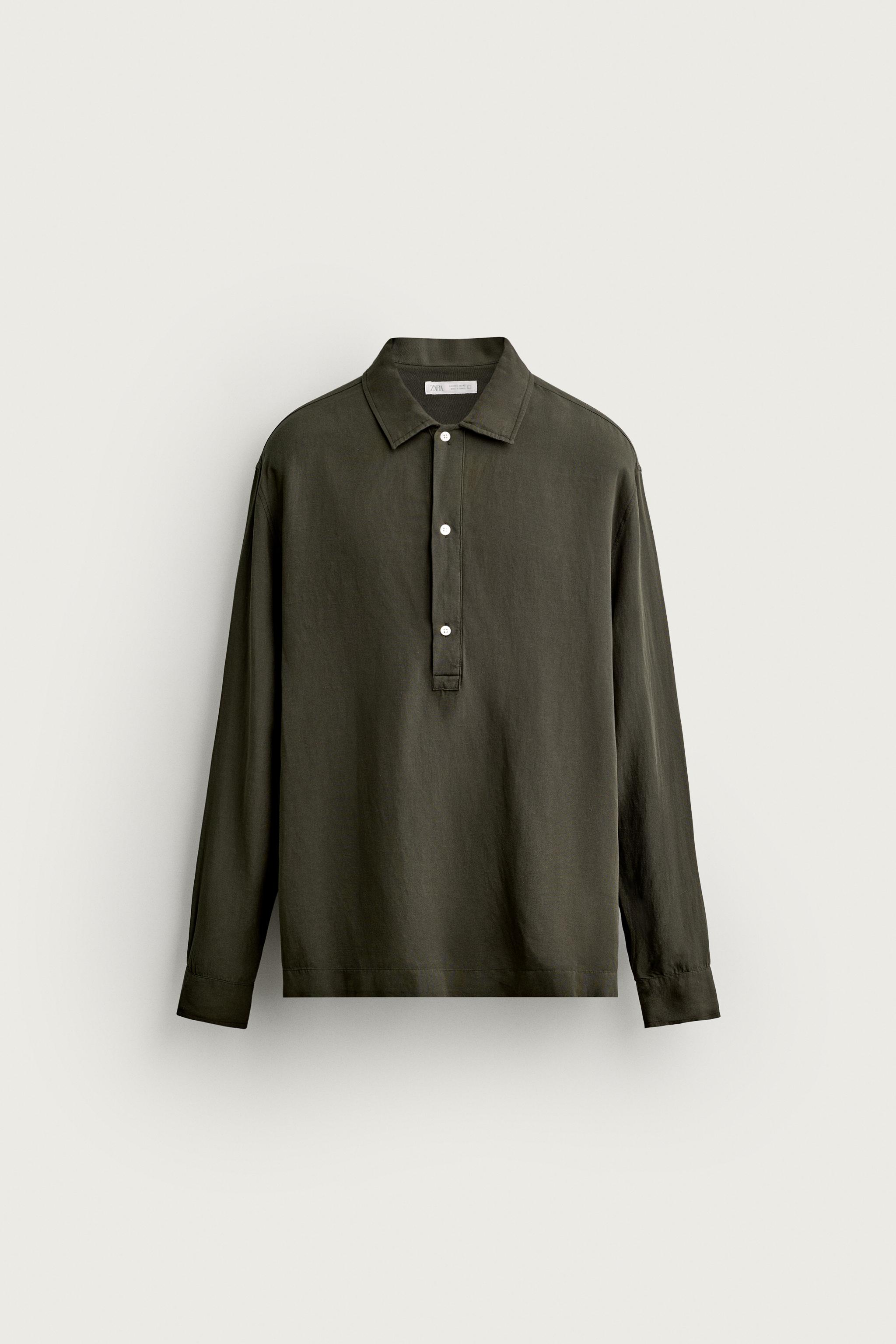 REGULAR FIT VISCOSE-LINEN POLO SHIRT — Dark khaki