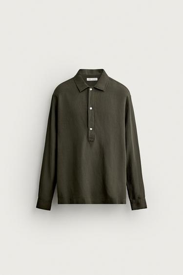 VISCOSE/LINEN REGULAR FIT POLO SHIRT - Dark khaki by Zara