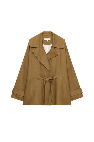 جاكيت ترنش من الكتان بحزام - زيتي الخاص بـ Zara