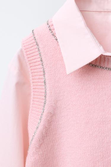 POPLIN SHIRT WITH RHINESTONE WAISTCOAT - Pastel pink by Zara - Image 2