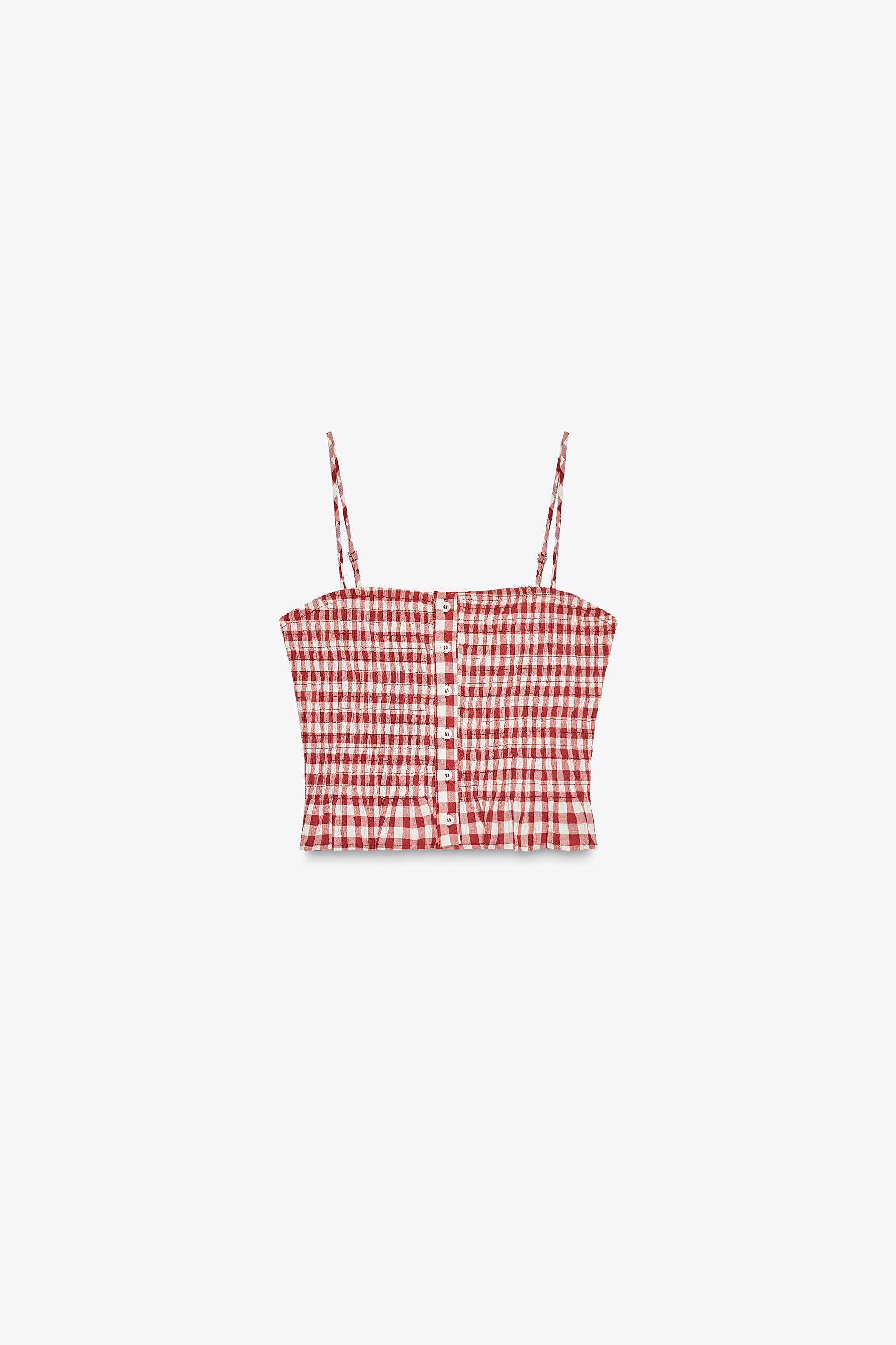 スペイン発送 ZARA ヴィシーチェッククロップトップ カジュアル TOP CROP CUADRO VICHY - Blanco / Rojo | ZARA España