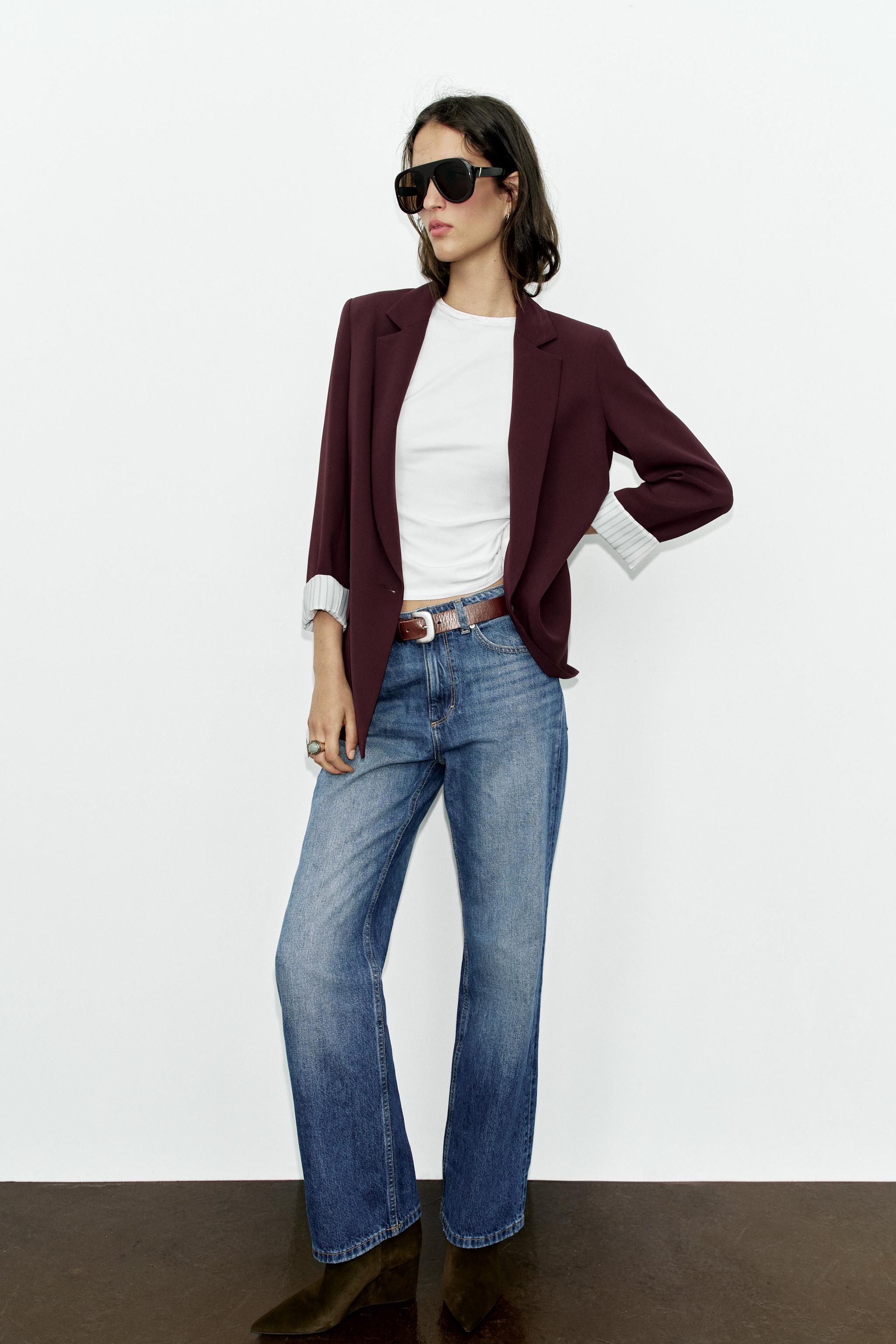 SHOULDER PAD BLAZER WITH PRINTED CUFF — Burgundy