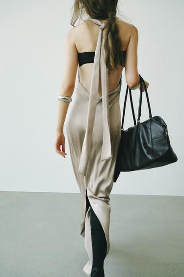 LONG SATIN HALTER DRESS - Dark beige by Zara - Image 0