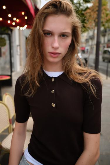 SHORT SLEEVE KNIT POLO JUMPER - Chocolate by Zara