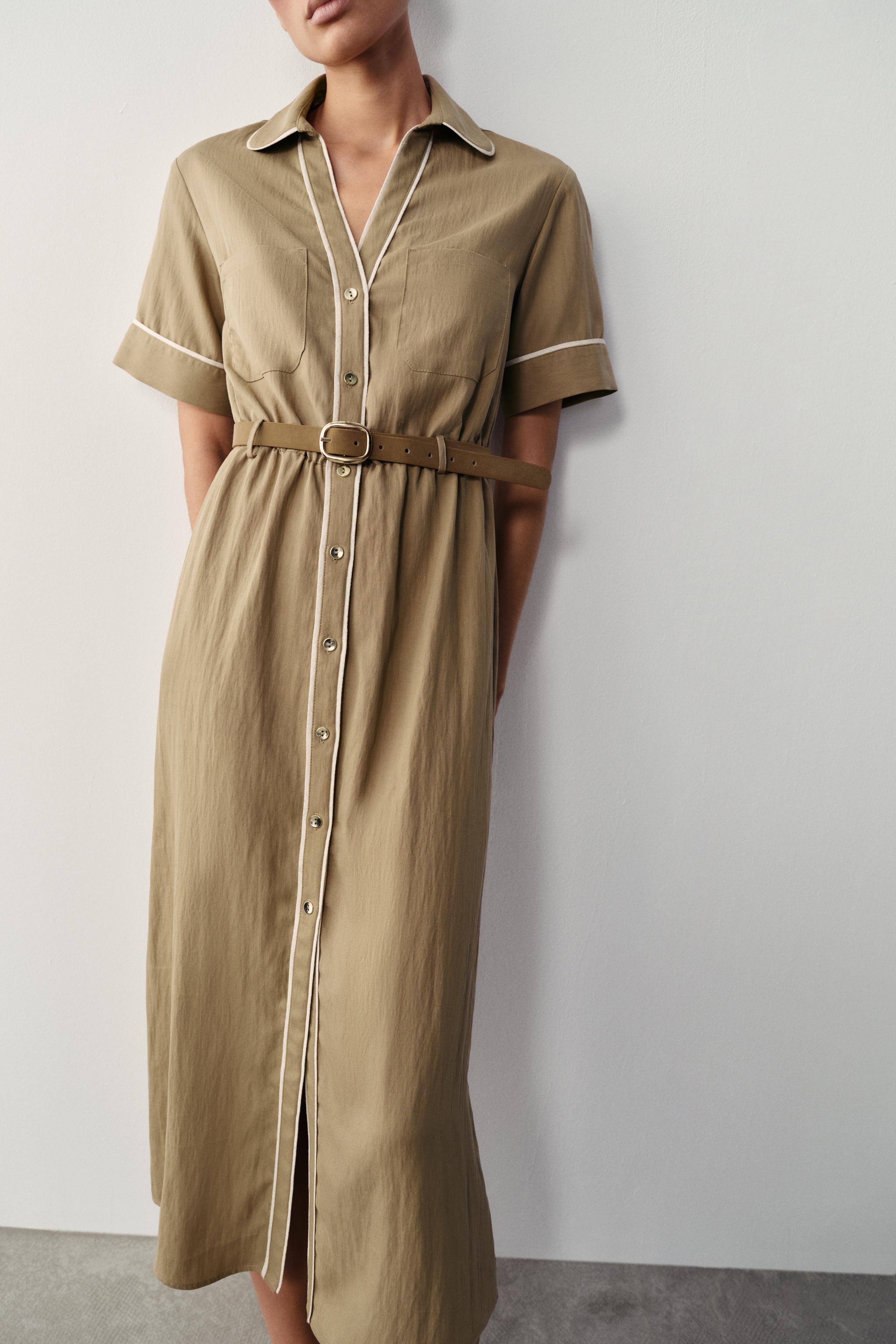 MIDI DRESS WITH CONTRAST TRIMS AND BELT