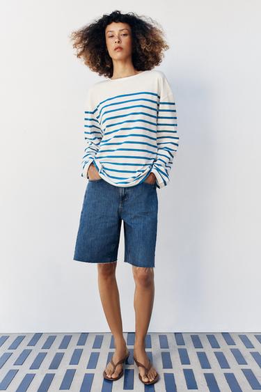 CAMISETA RAYAS ALGODÓN Y LINO - Crudo / Azul de Zara